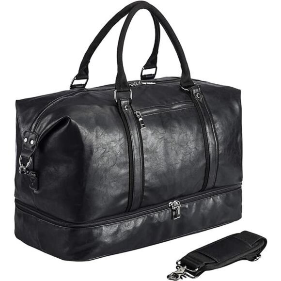 Leather Travel Bag with Shoe Pouch,Weekender Overnight Bag Waterproof PU Leather - Picture 8 of 8